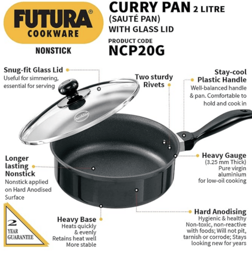 Hawkins Futura Nonstick Curry Pan (Saute Pan) 2 L, 20 cm, 3.25 mm with Glass Lid (Black) - Image 3